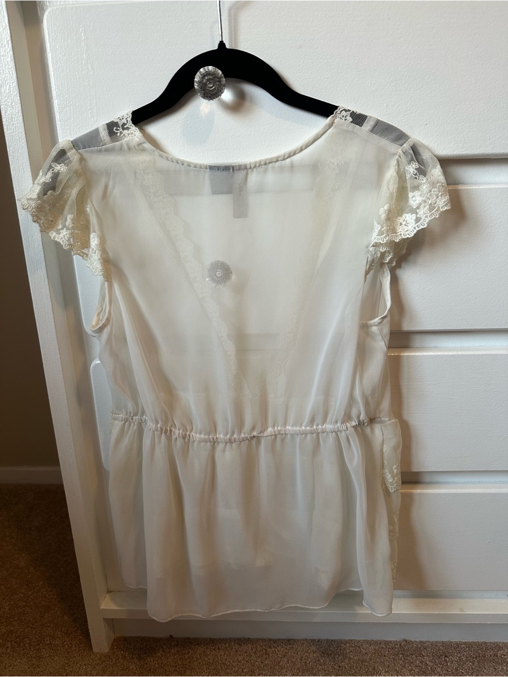 Ivory/white Lace-Trim Sheer Ruffle Peplum Blouse - Picture 4 of 4